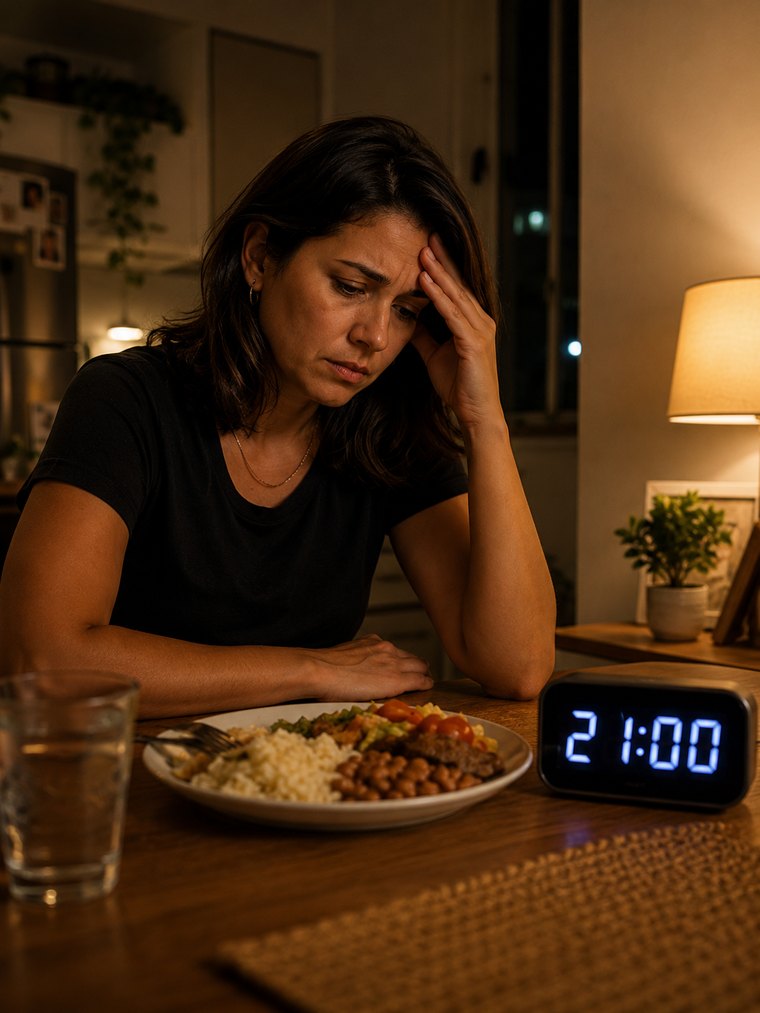 Mulher jantando tarde, às 21h, com expressão de cansaço