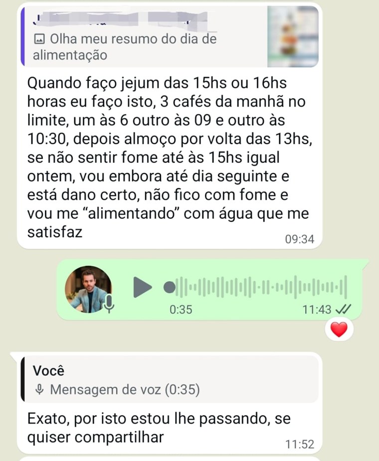 Mensagem de paciente sobre jejum sem fome