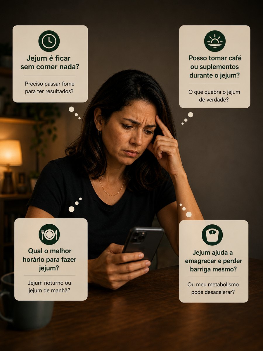 Mulher com dúvidas sobre jejum: se é ficar sem comer nada, se pode tomar café, qual o melhor horário e se ajuda a emagrecer